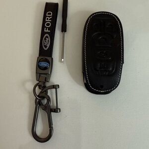Ford Key Fob Keychain and Fob Case Cover in Black Leather NWT